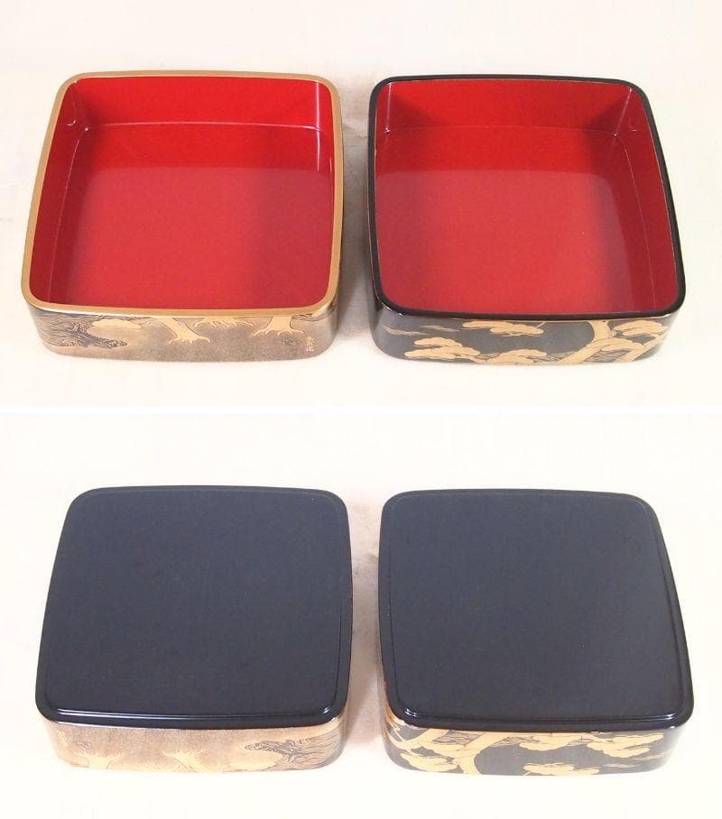 【高級・良品】輪島塗 五島屋謹製 光甫作 松島蒔絵 四段重箱 台付き 山水蒔絵