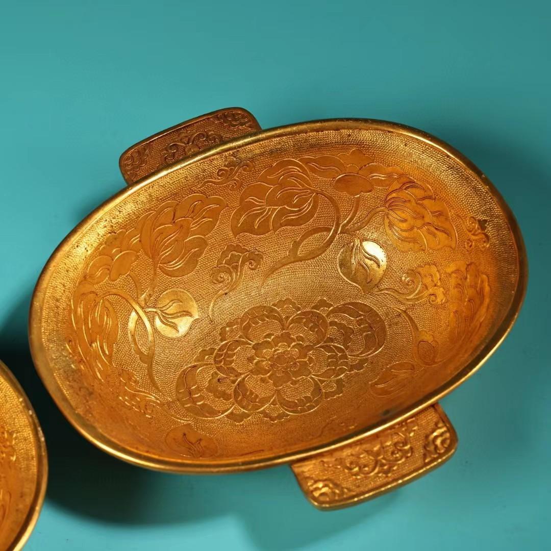 中国古美術・旧蔵鎏金の碗一対・純銅细密彫・純手作り・高浮彫・置物・食器・茶道具