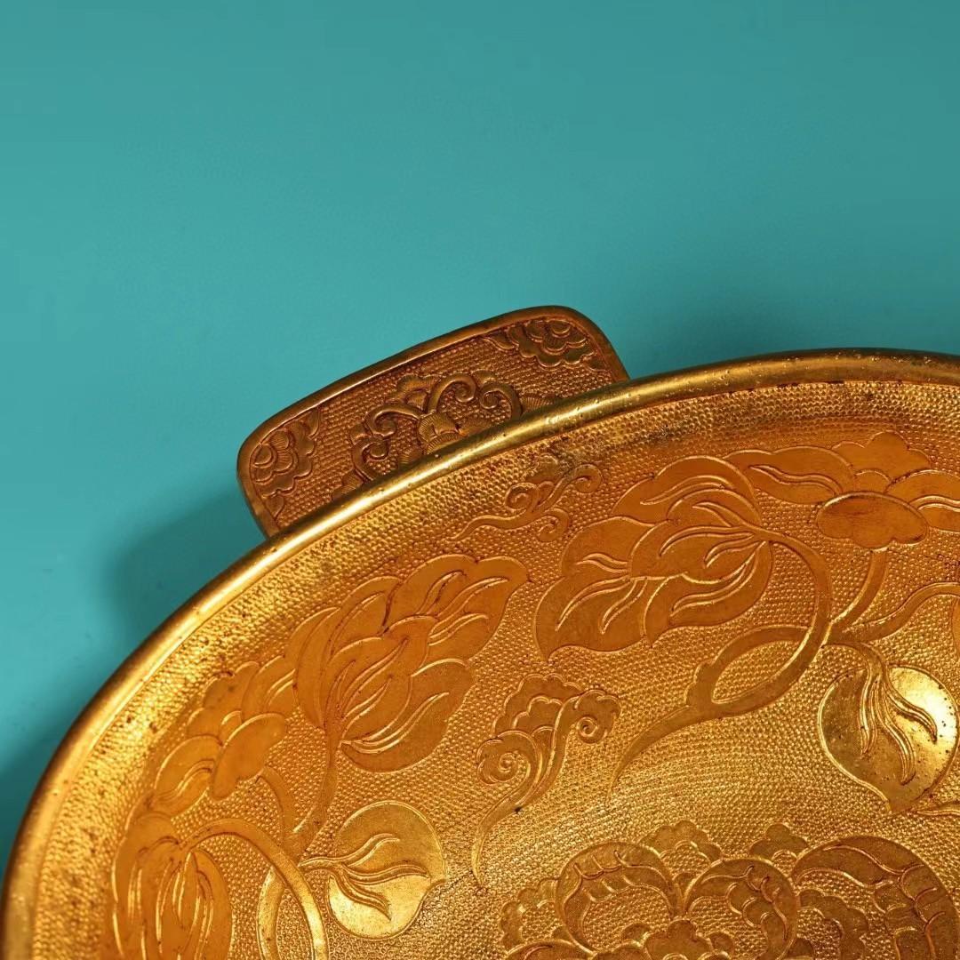 中国古美術・旧蔵鎏金の碗一対・純銅细密彫・純手作り・高浮彫・置物・食器・茶道具