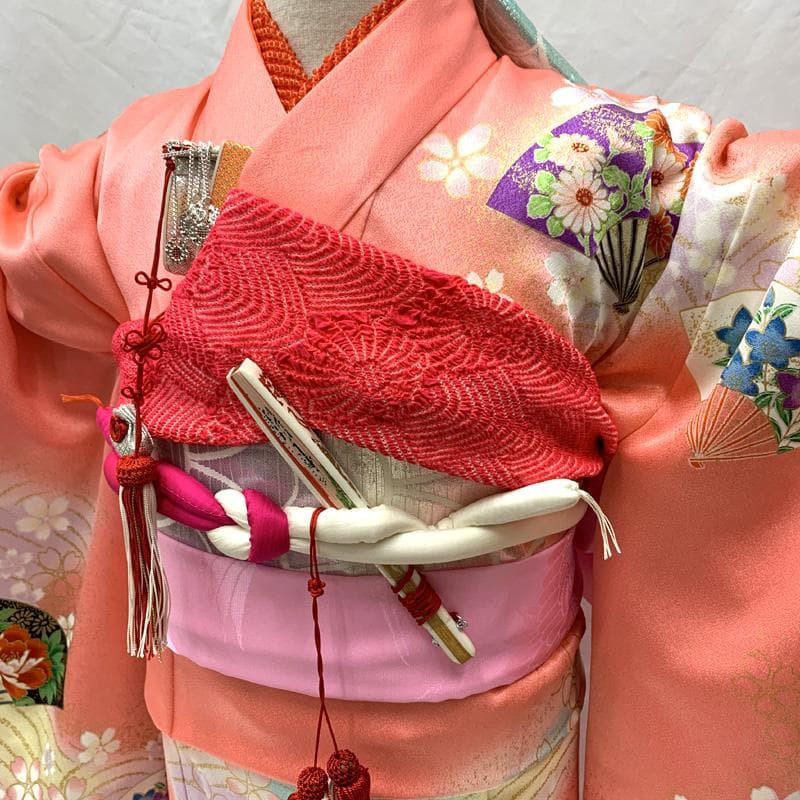 506ag2□七五三 七歳 女児 着物&袋帯&長襦袢 金彩 扇 桜□美品