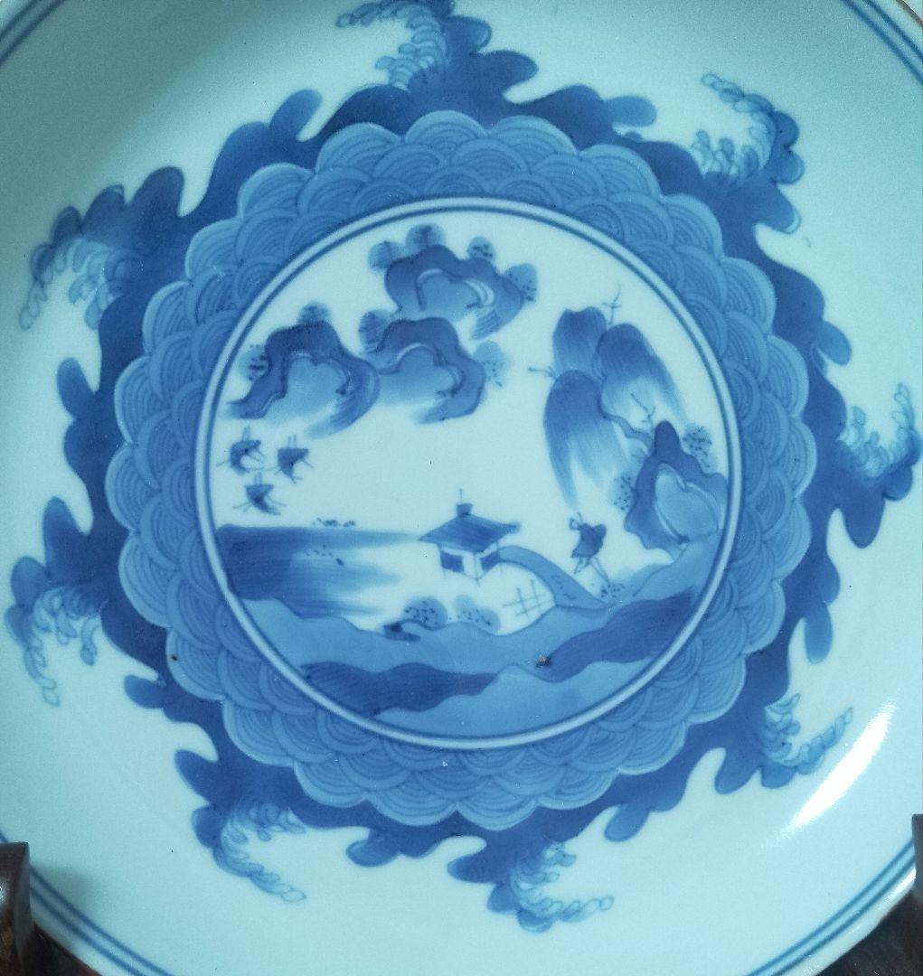 藍柿 古伊万里 染付 青海波山水文皿 江戸中期 角福銘