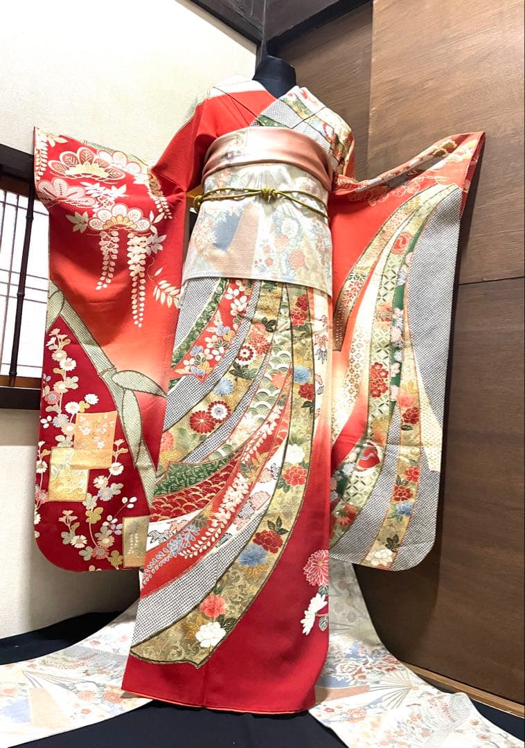 振袖 フルセット6点サイズS〜M 手描き　御所車枝花文　暈し染め　金銀彩　正絹