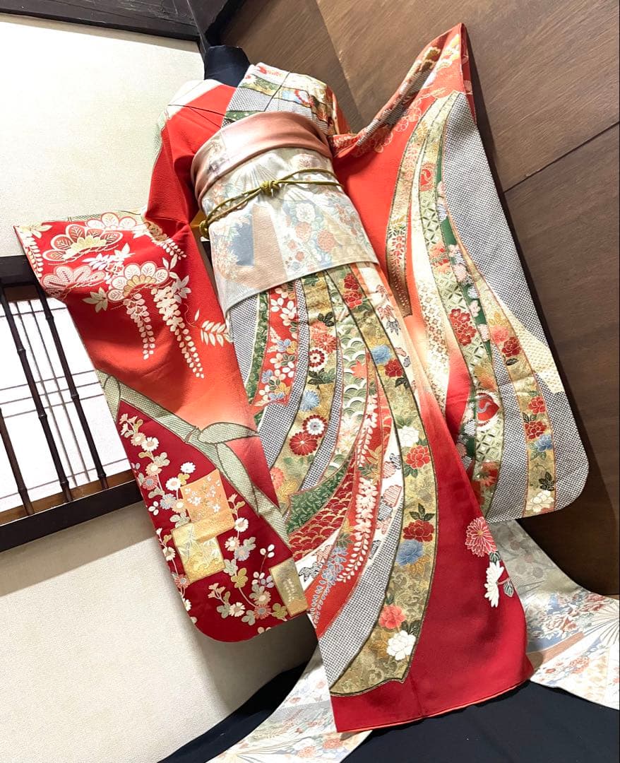 振袖 フルセット6点サイズS〜M 手描き　御所車枝花文　暈し染め　金銀彩　正絹