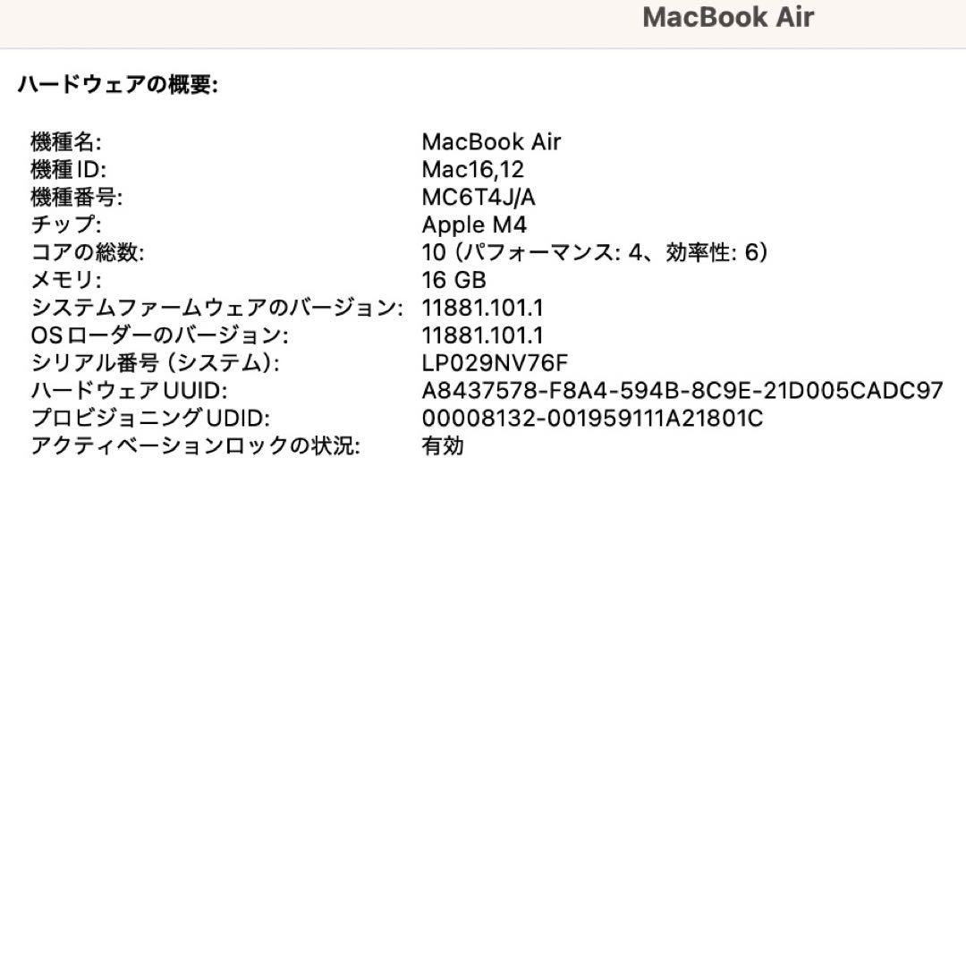 Apple MacBook Air 13インチ M4 MC6T4J/A