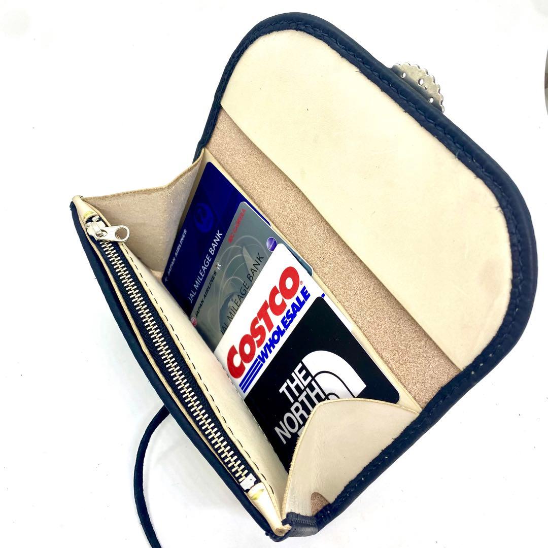 ‼️SALE‼️本革 セミロング財布フラワーコンチョ　BKブラック黒　革紐タイプ