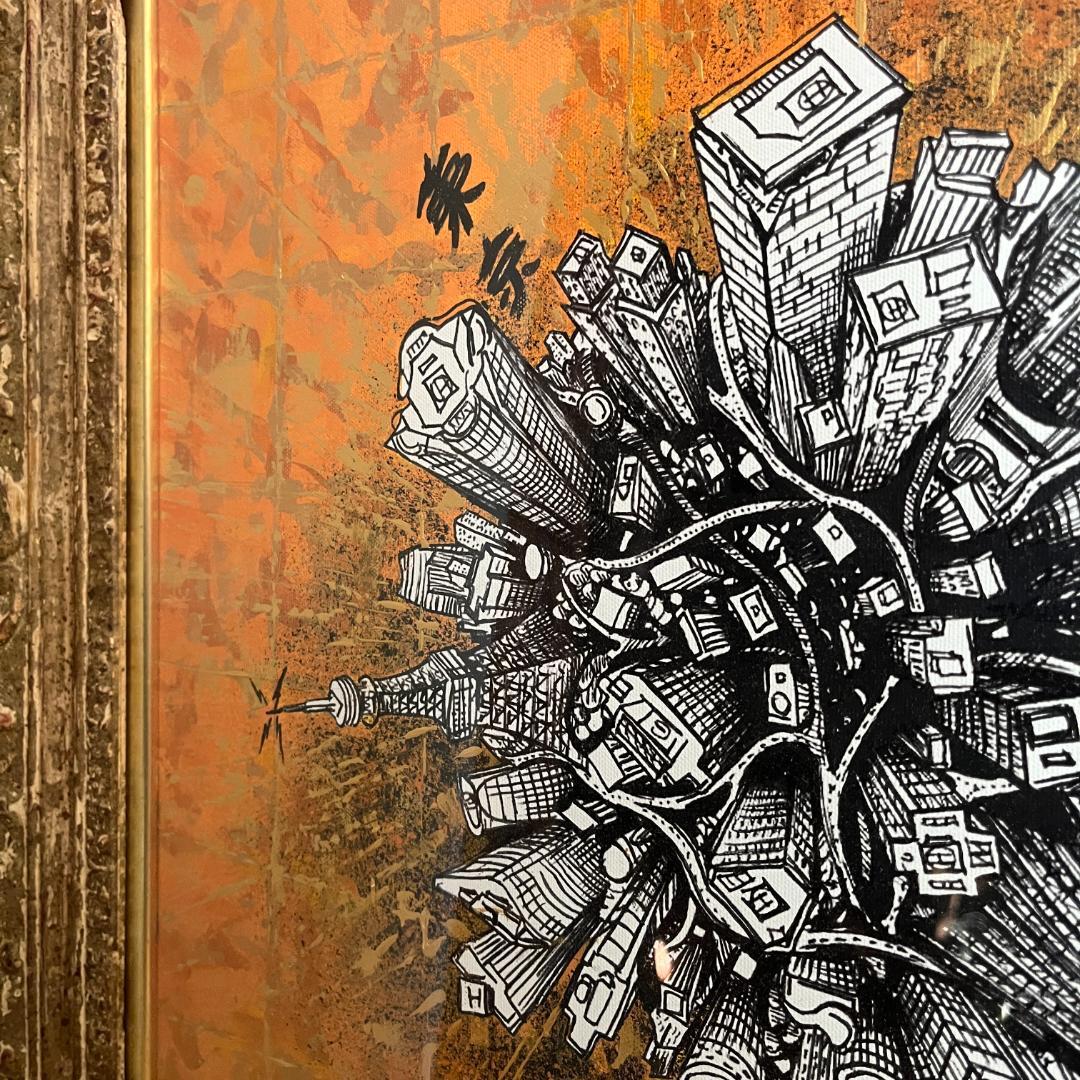 アンティークフレームの金彩墨絵