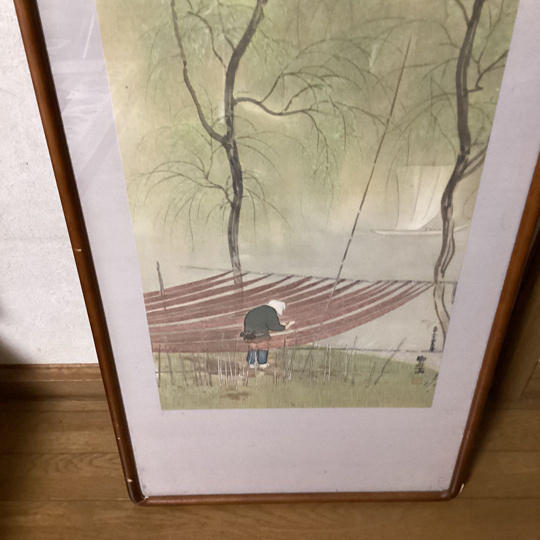 速水御舟筆　絹本彩色画　大正15年夏制作《網手入之図》前田青邨鑑定シール在一点物