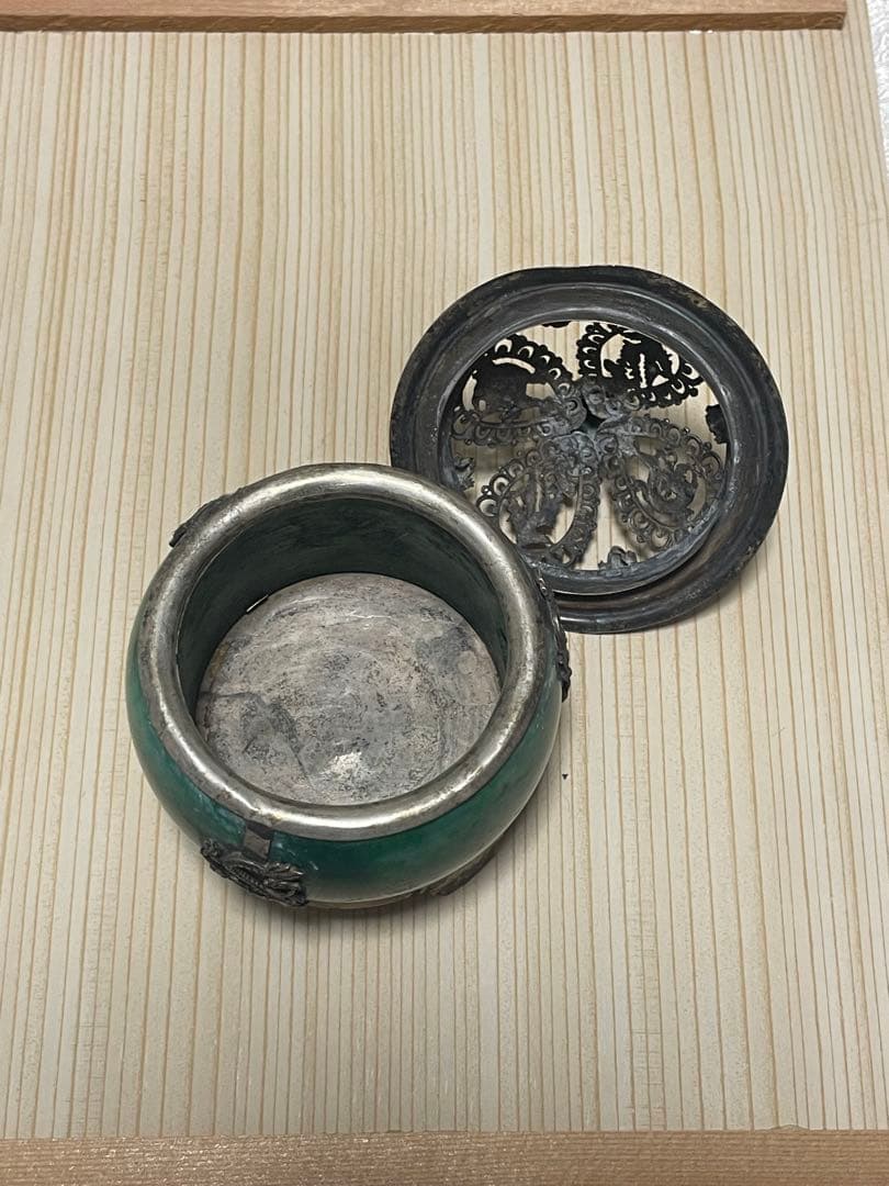 アンティーク 中国 足銀刻印 銀装飾 香炉 翡翠色 古美術 重量約228g