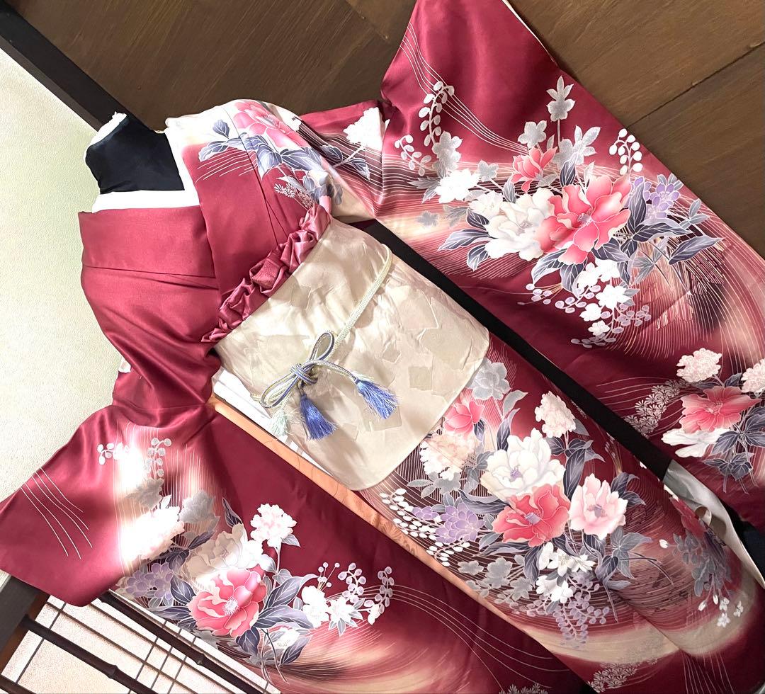 振袖フルセット6点サイズM〜Ｌ草花文　暈し染め　金銀彩　正絹