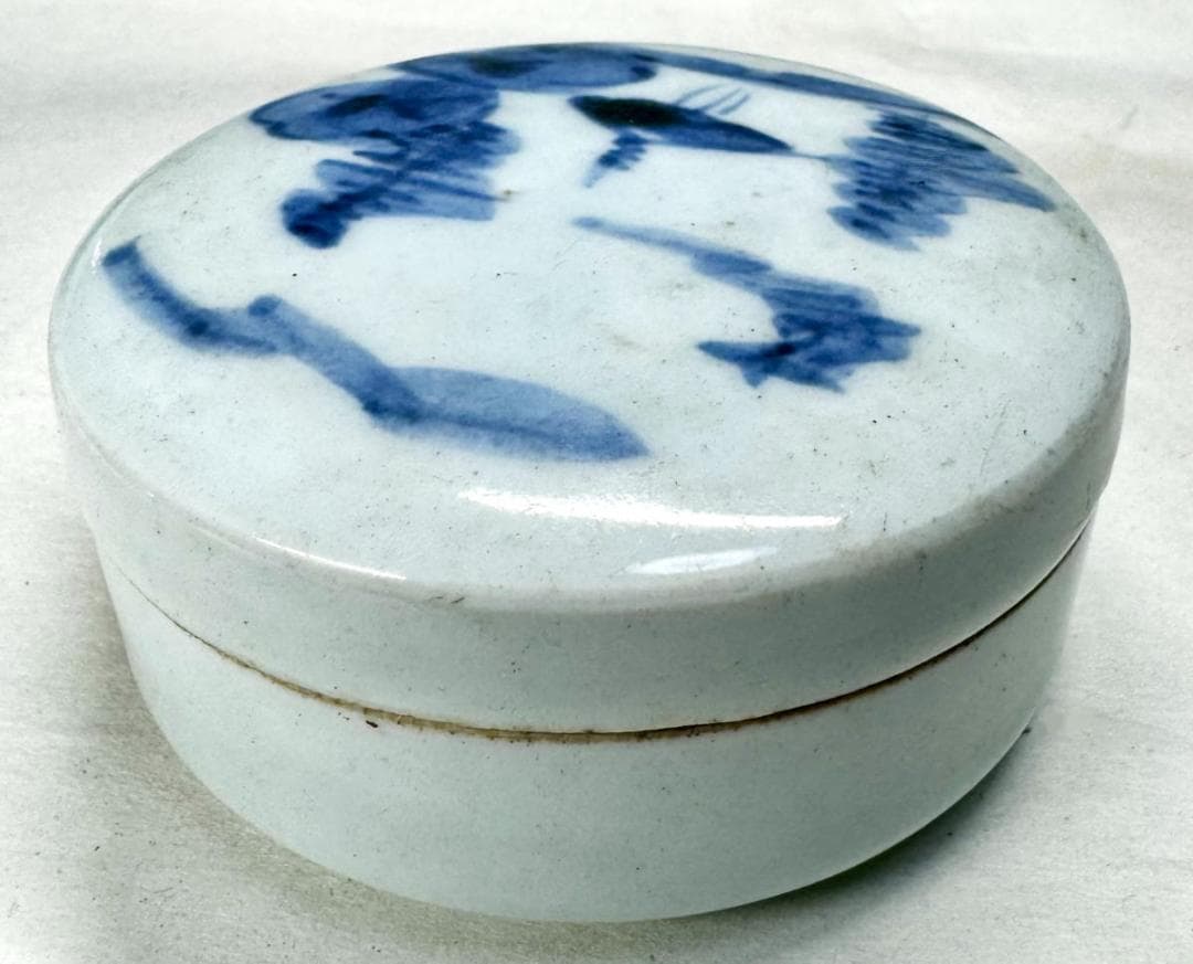 古染香合 修復あり 箱付 伝世品焼物 虫食い 青花 呉須 ウブ品 WWTT114