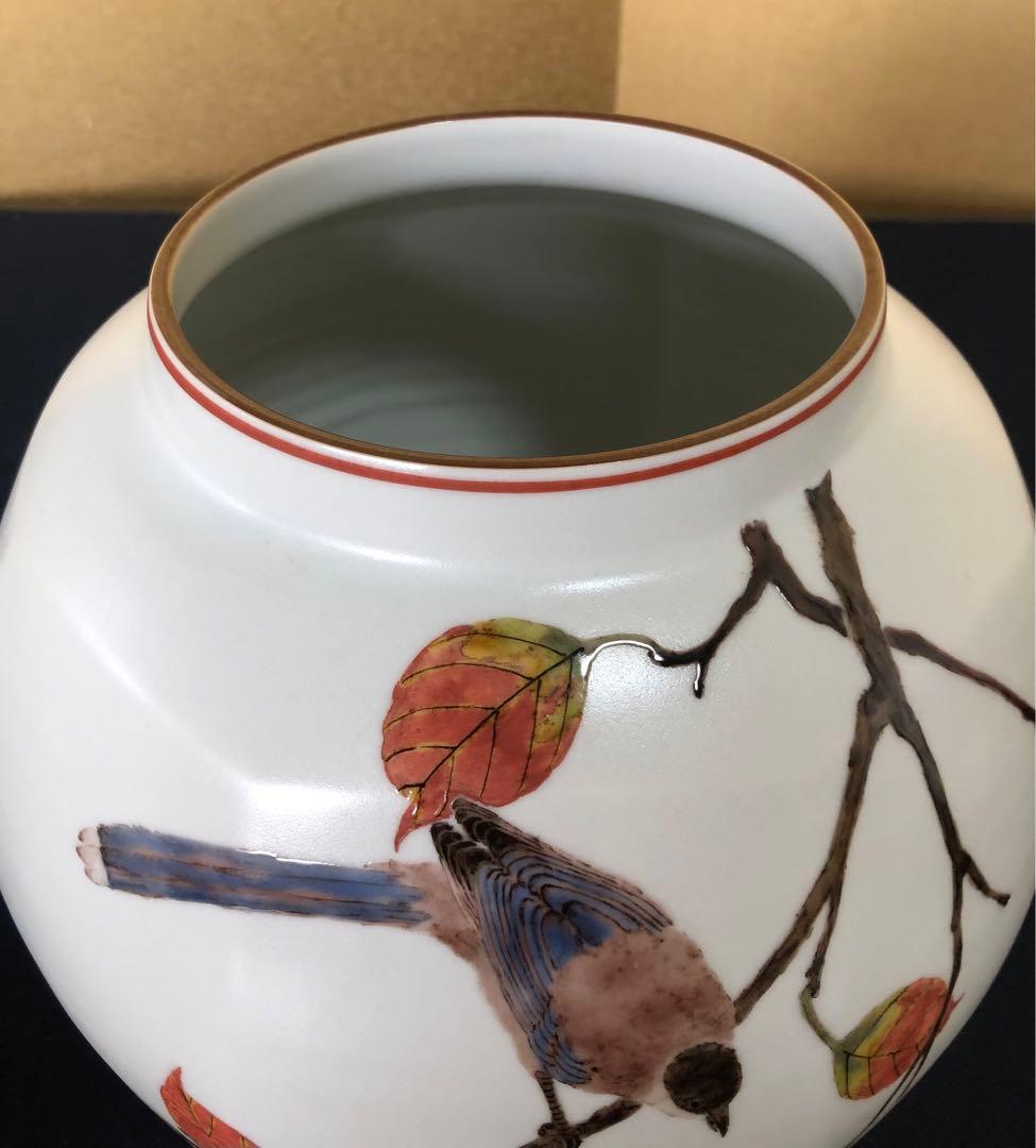 《R》色絵尾長枯葉紋 面取壷 花瓶 花器 影山明志 共箱 251014い2