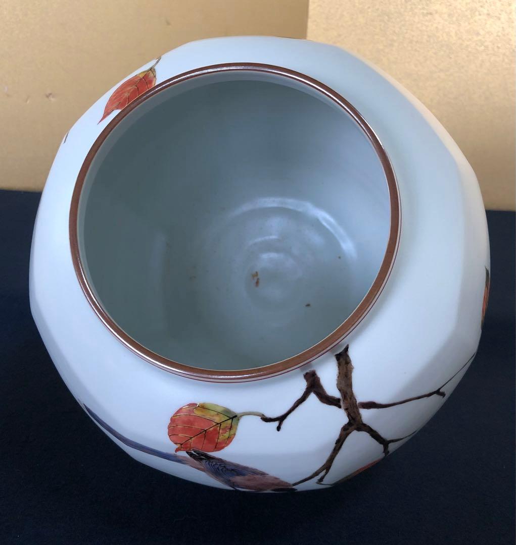 《R》色絵尾長枯葉紋 面取壷 花瓶 花器 影山明志 共箱 251014い2