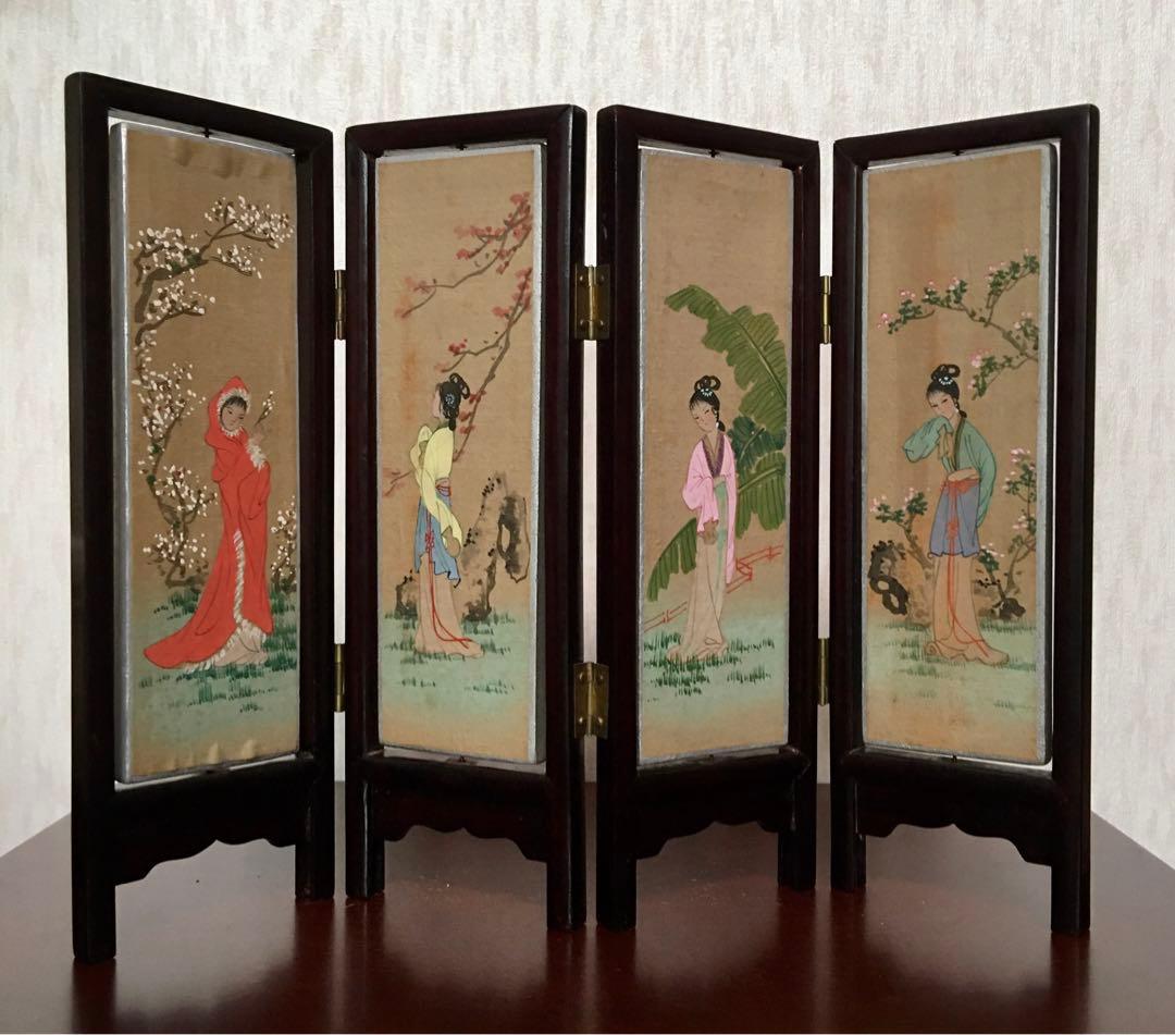 ★中国美術工芸品　回転式　ミニ屏風　両面飾り　花画　　美人画