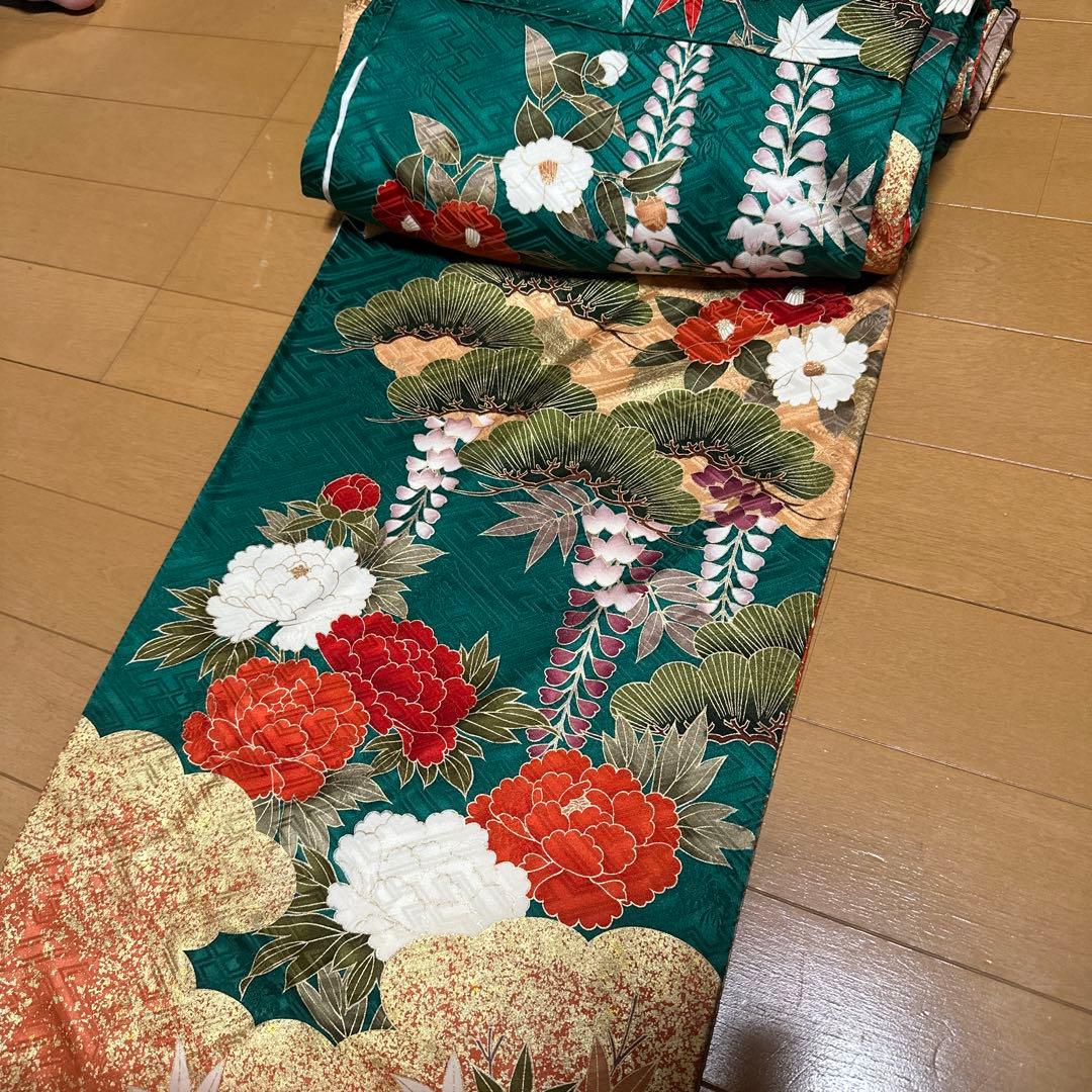 振袖 緑 花柄 帯付き