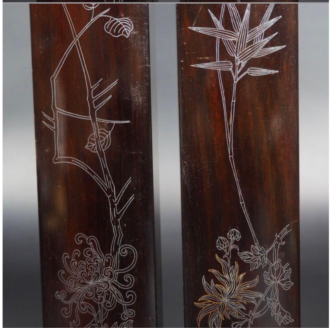 送料無料　中国古玩 民国金銀象嵌唐木文鎮/紙鎮　一対　書道具文房具