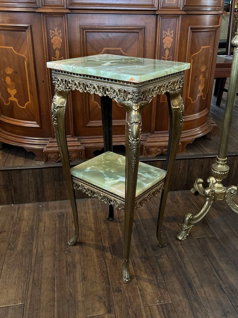 k079r118 イタリア製 大理石コンソールテーブル グリーン系 真鍮脚 2段