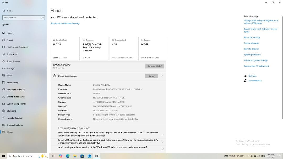 GTX1050Ti i7-3770K 16GB SSD512GB Win未認証