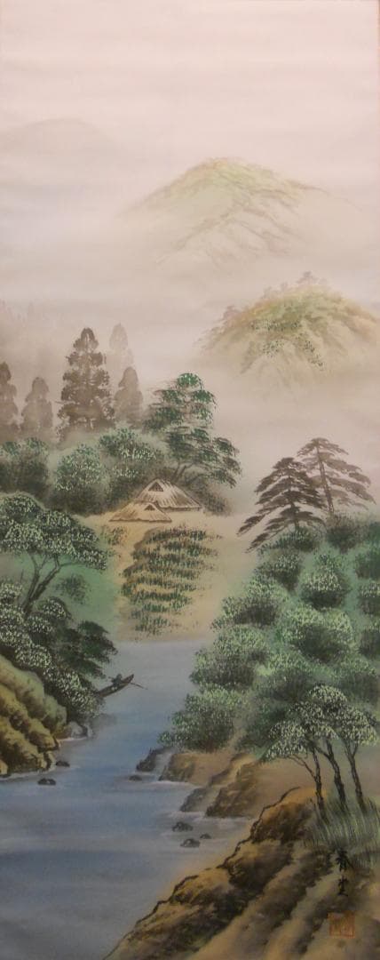 掛け軸 春堂 彩色山水 絹本 希少 軸装 茶道具 掛軸 美品 です。