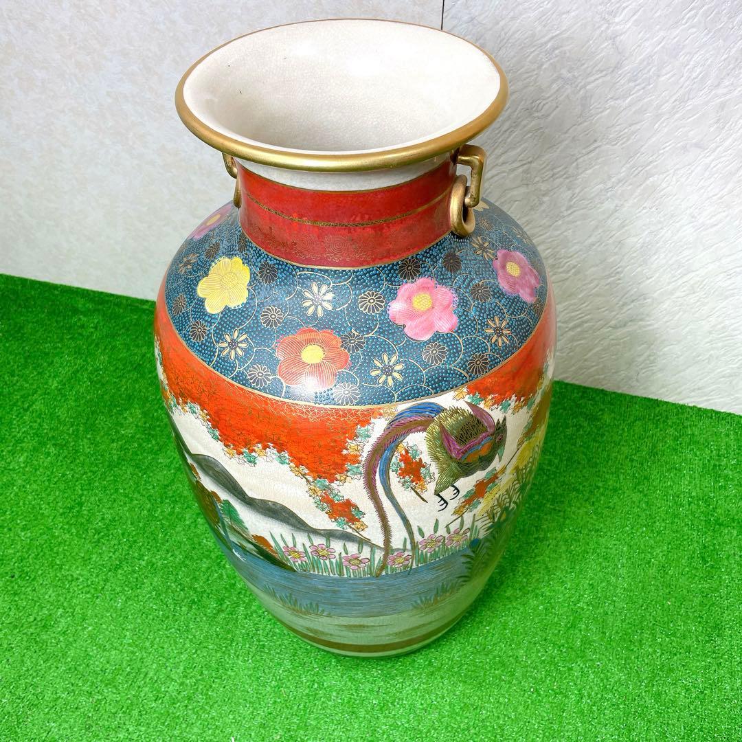 高級！骨董品　薩摩焼　大瓶　金蘭手染錦花絵図　金錦　耳付　壺 花瓶