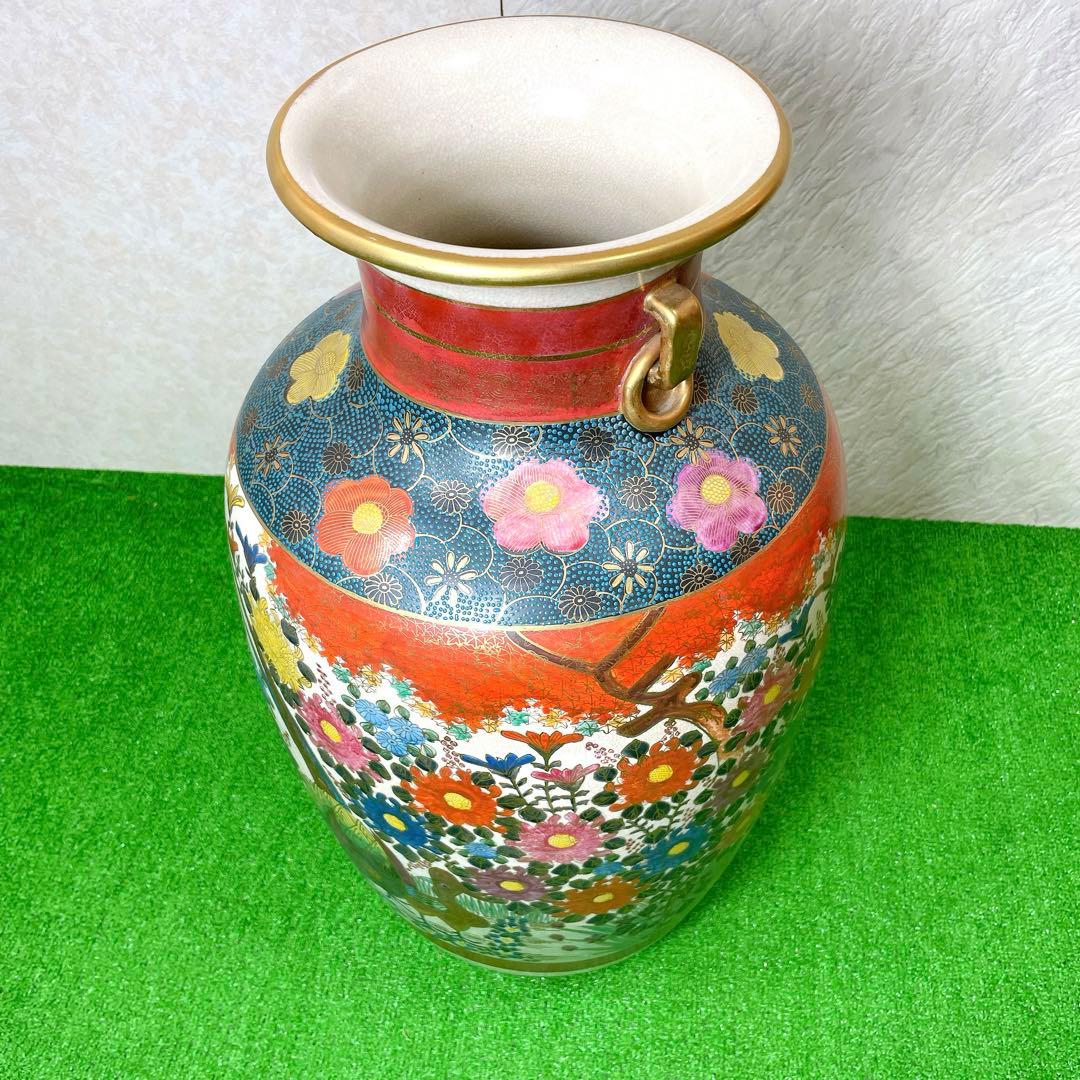 高級！骨董品　薩摩焼　大瓶　金蘭手染錦花絵図　金錦　耳付　壺 花瓶