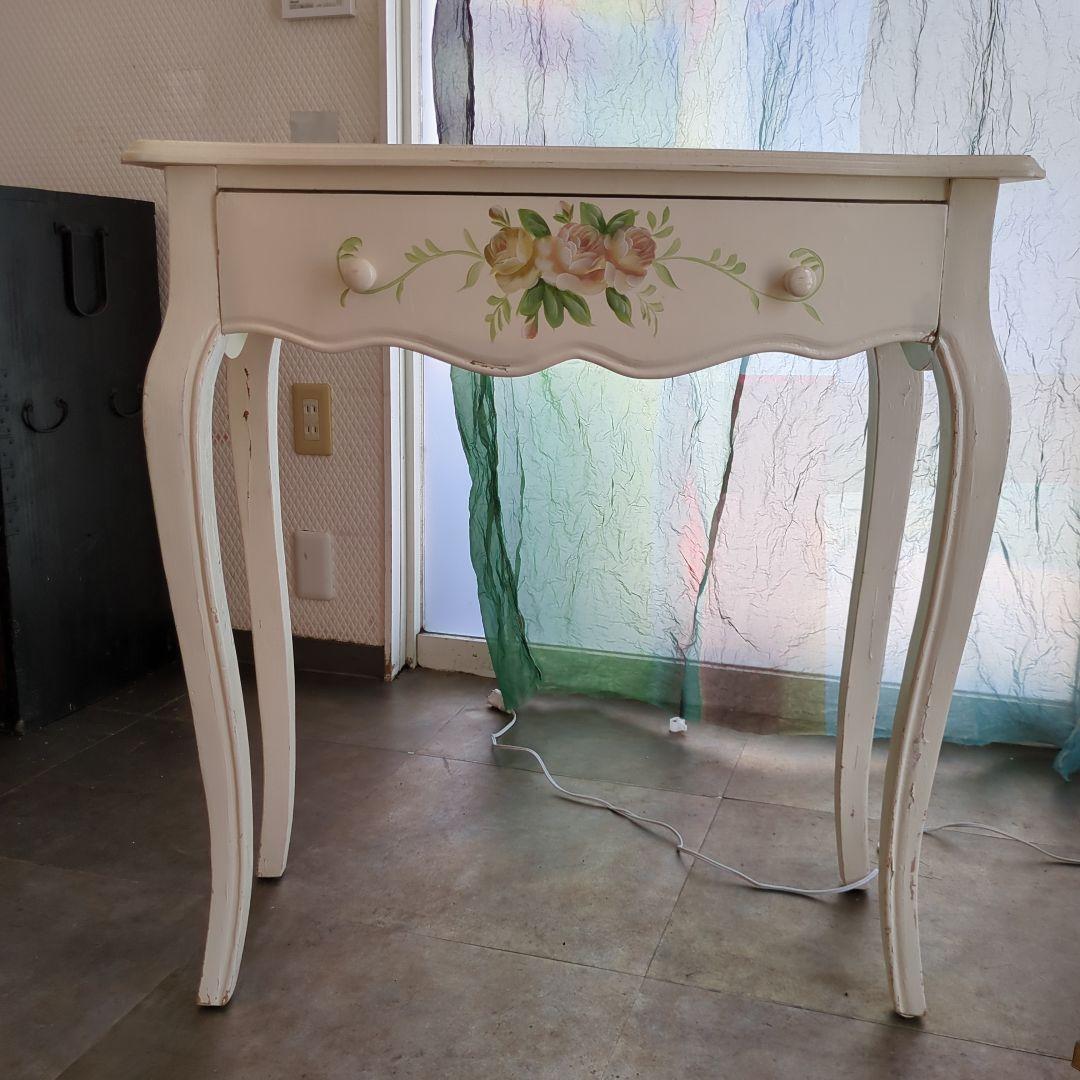 ホワイト バラ サイドテーブル ロココ調 猫脚 引き出し 木製 薔薇