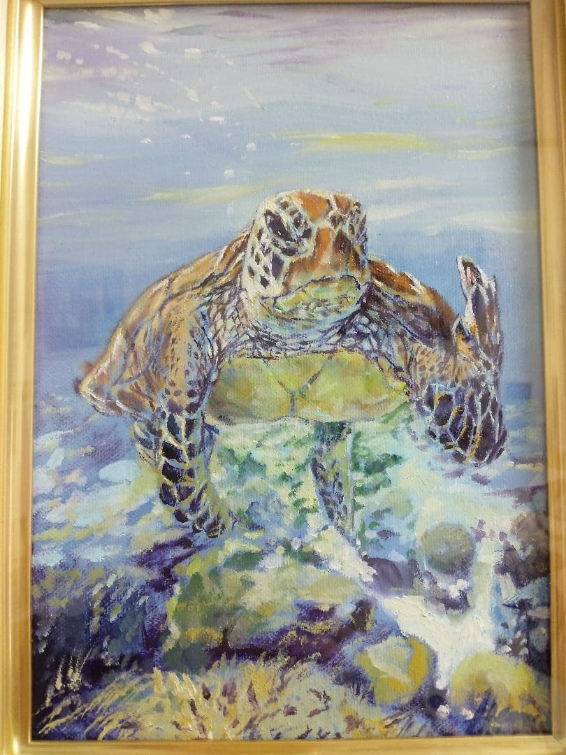 alohaHonu（油彩画額装済直筆SM） #ウミガメ絵画2