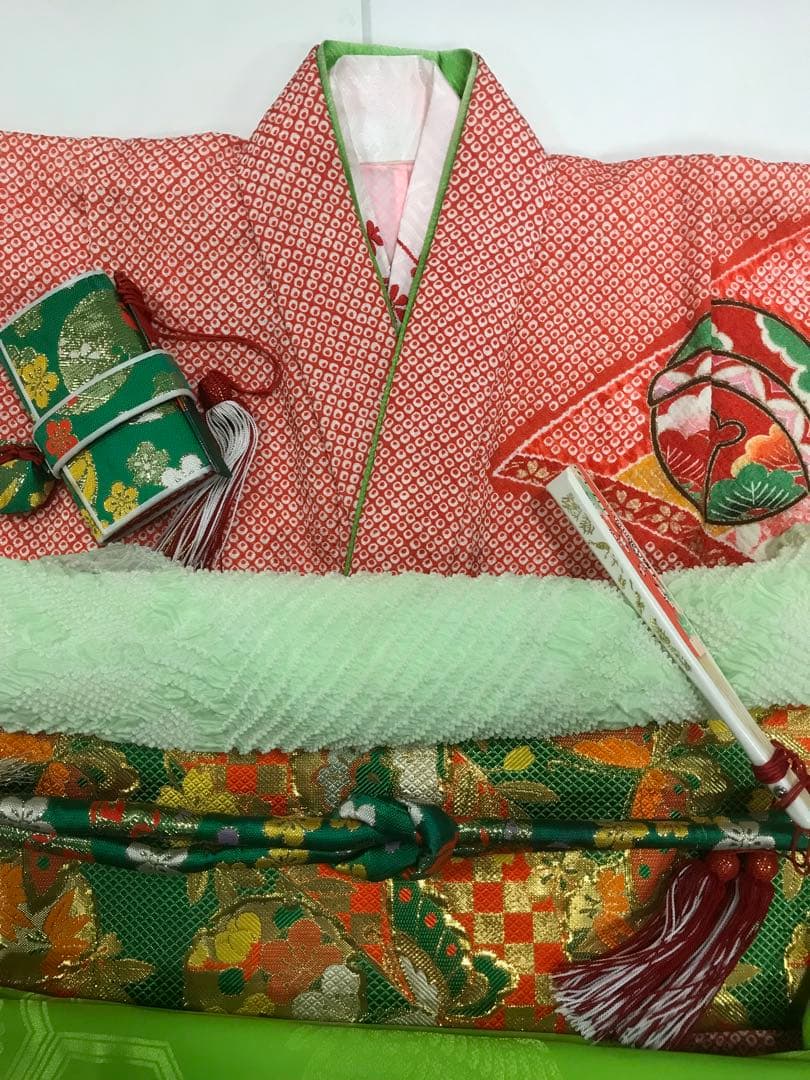 七五三　7歳女の子　着物セット　赤絞り　鼓　鴛鴦　熨斗目　鈴