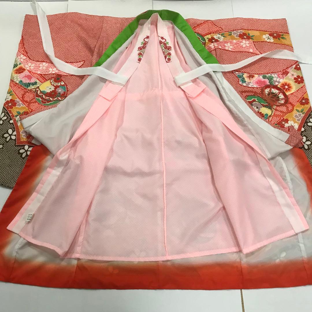 七五三　7歳女の子　着物セット　赤絞り　鼓　鴛鴦　熨斗目　鈴