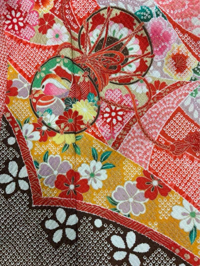 七五三　7歳女の子　着物セット　赤絞り　鼓　鴛鴦　熨斗目　鈴