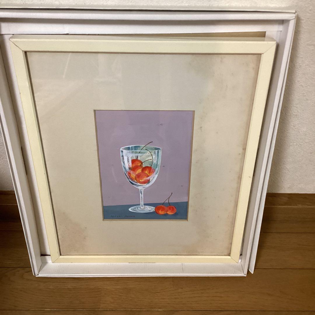 東　直樹　　水彩画　肉筆画　　【　題目　】　グラスにチェリー図　額装仕立て
