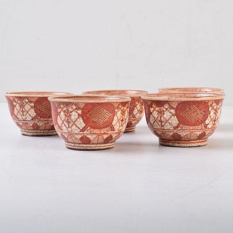 九谷焼　古九谷　八郎手赤絵金彩　煎茶碗　ぐい呑　五客　M　R9168