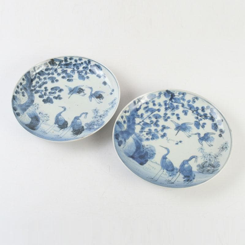中国　青花　花草鳥文盤　皿　一對　在銘　C　9290