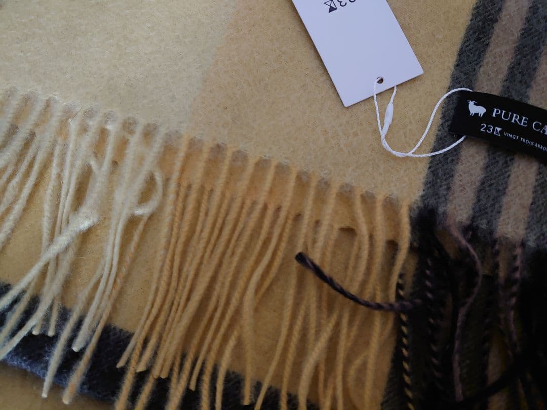 23区カシミヤ100%チェック柄マフラー イエロー2025AW