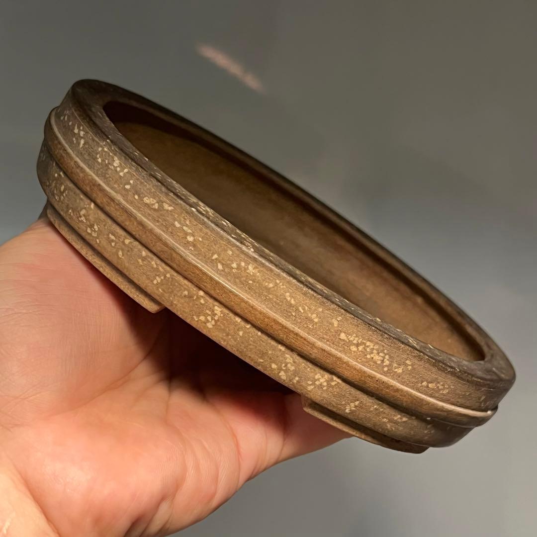617.平安虹泉 桃花泥楕円鉢 盆栽鉢 小品盆栽 15.8*12.6*3.2cm