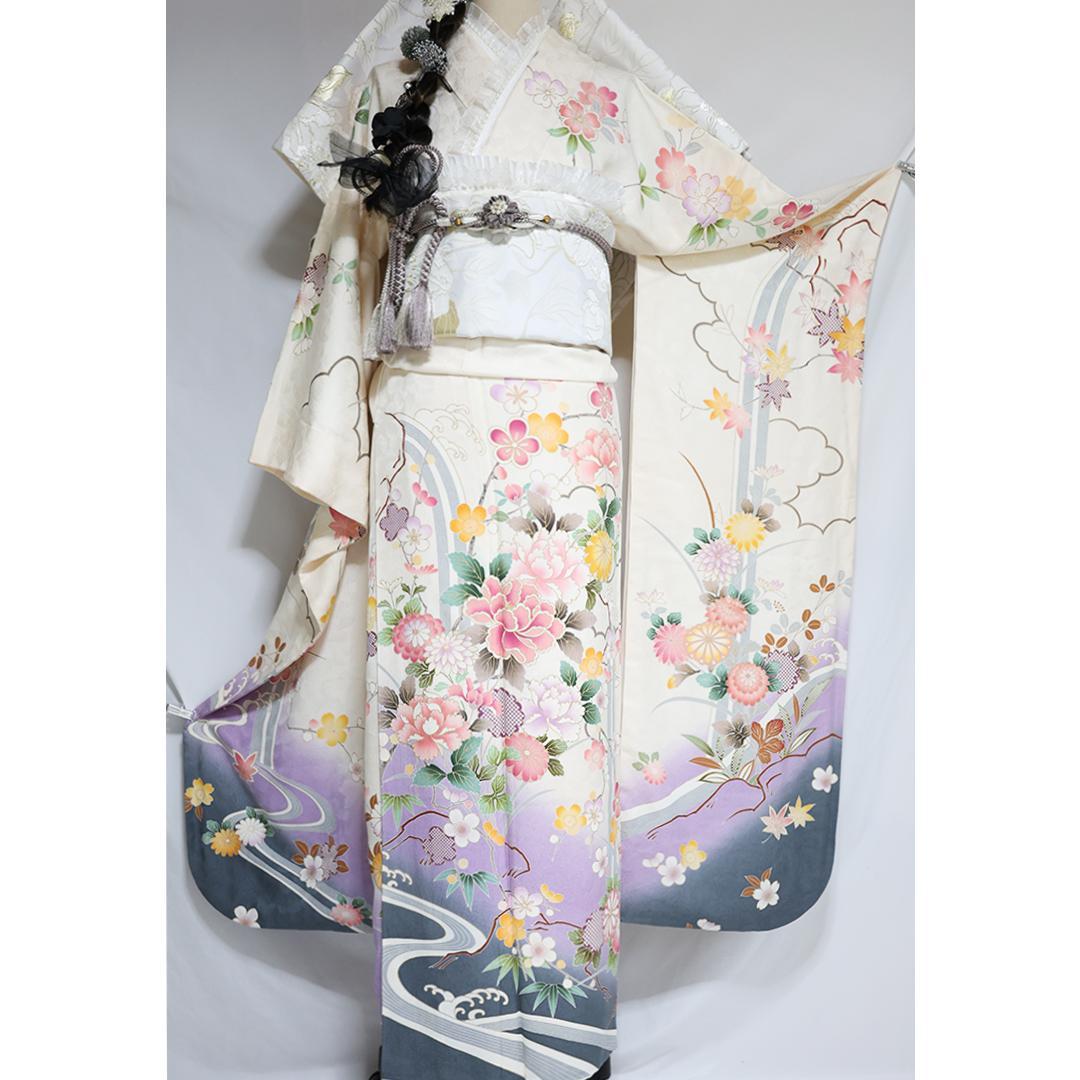 okapi◆ 振袖6点セット ◆170.5cmフルセット正絹白系Ud05