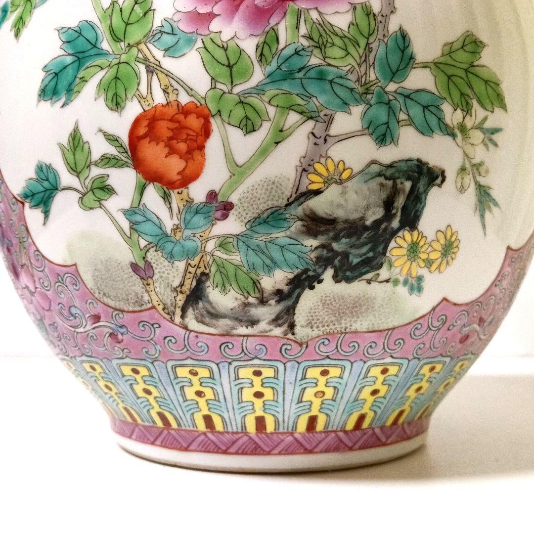 大型 45cm 大清乾隆年製款 粉彩 天球瓶 唐花鳥花瓶 中国美術 骨董