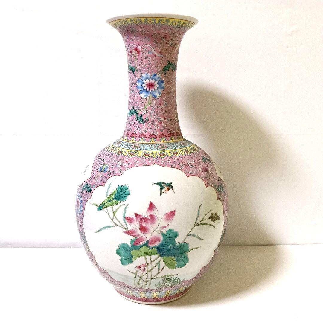 大型 45cm 大清乾隆年製款 粉彩 天球瓶 唐花鳥花瓶 中国美術 骨董