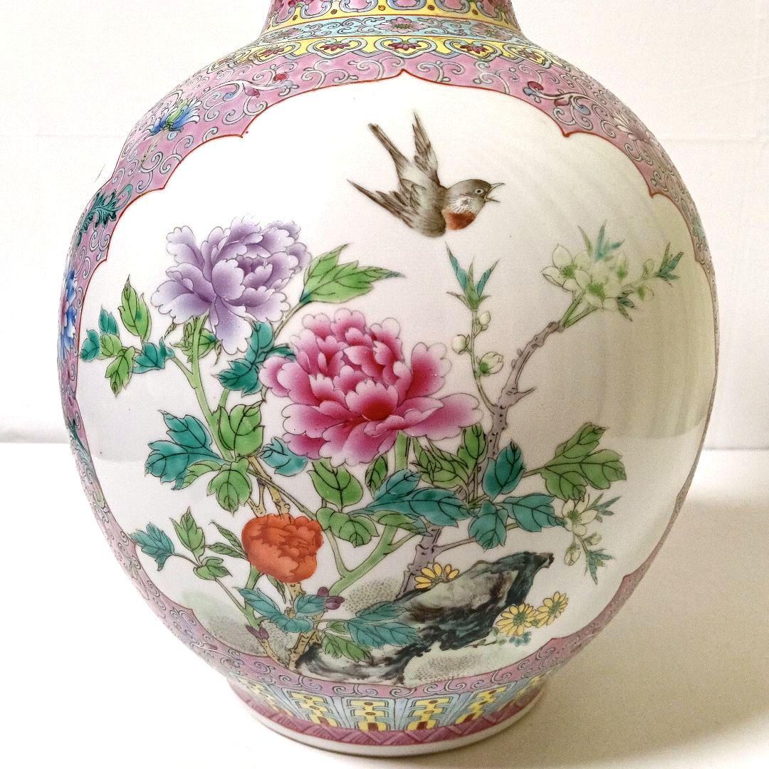 大型 45cm 大清乾隆年製款 粉彩 天球瓶 唐花鳥花瓶 中国美術 骨董
