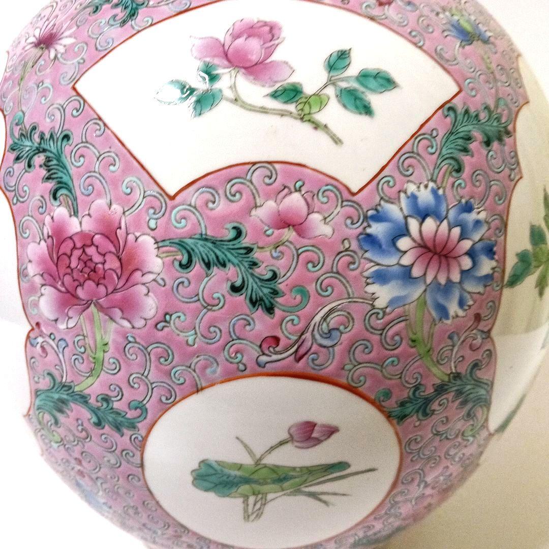 大型 45cm 大清乾隆年製款 粉彩 天球瓶 唐花鳥花瓶 中国美術 骨董