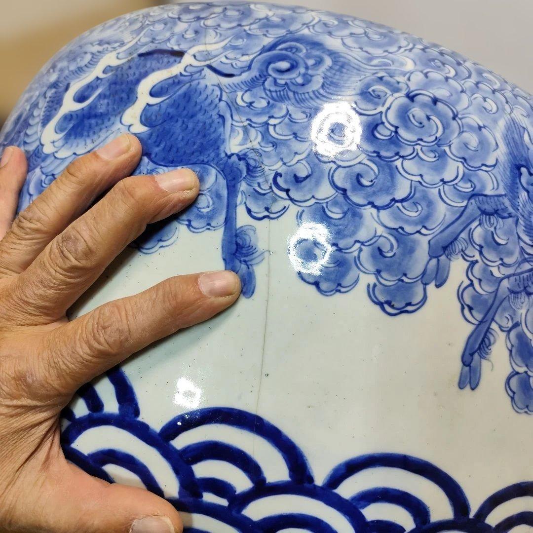 藍 手描きの雲龍模様 陶器 大きな火鉢