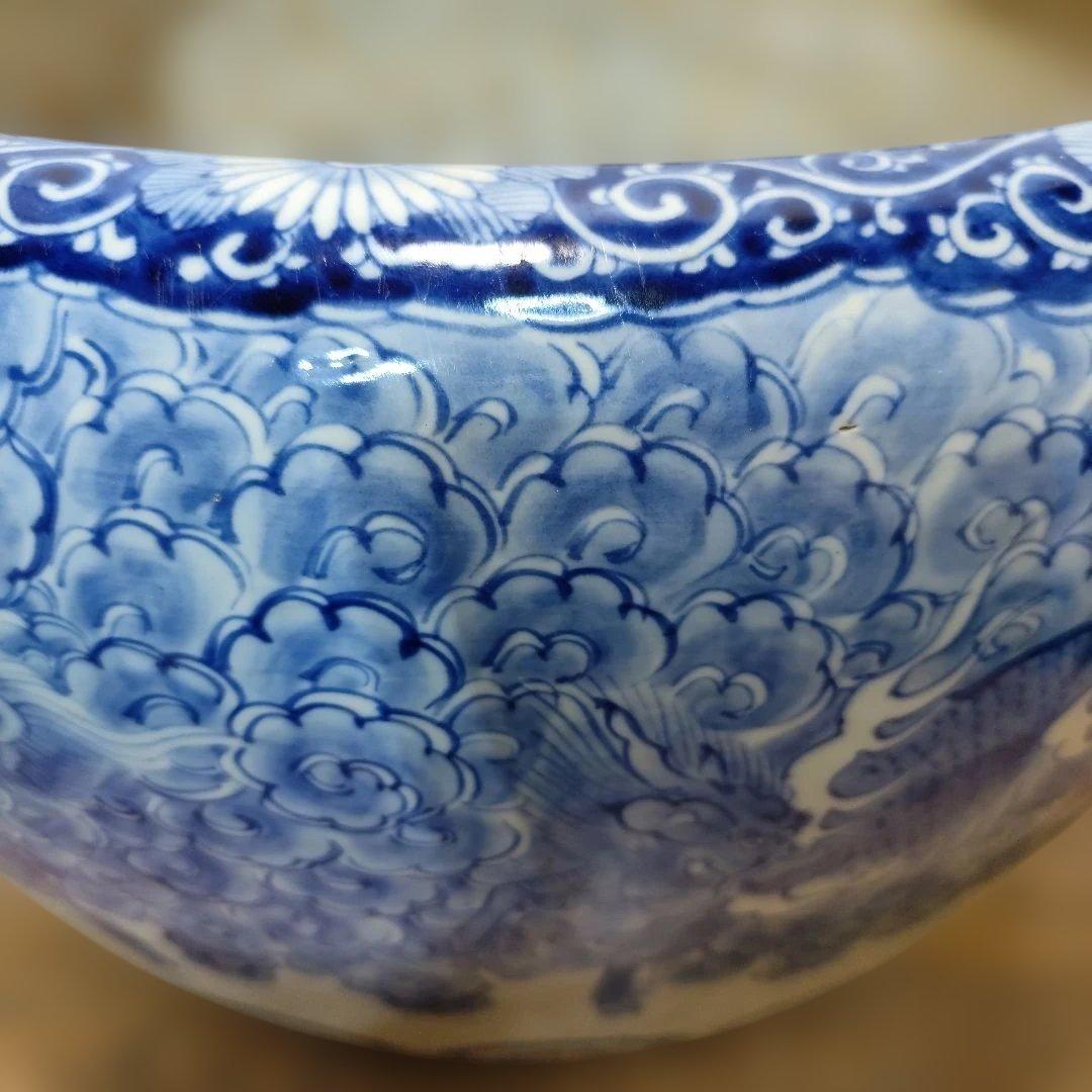 藍 手描きの雲龍模様 陶器 大きな火鉢