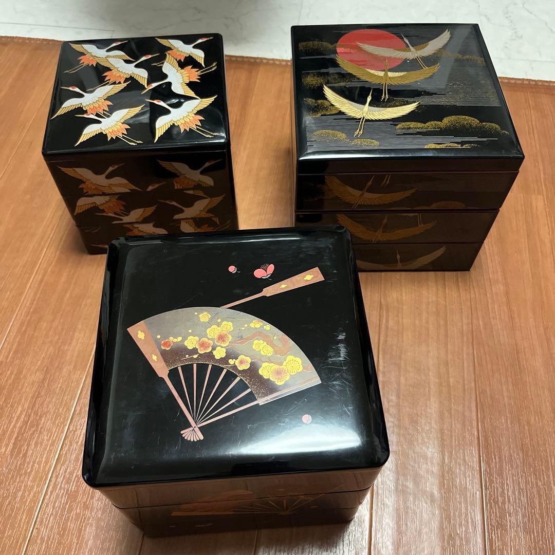 重箱 鶴と扇の装飾、3個セット