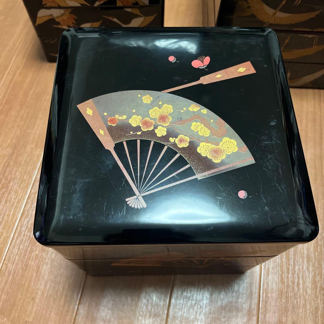 重箱 鶴と扇の装飾、3個セット