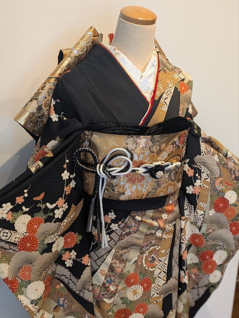 ྈ ྈ様 振袖フルセット 身丈173裄68 ロング丈 黒 古典柄 金彩 成人式