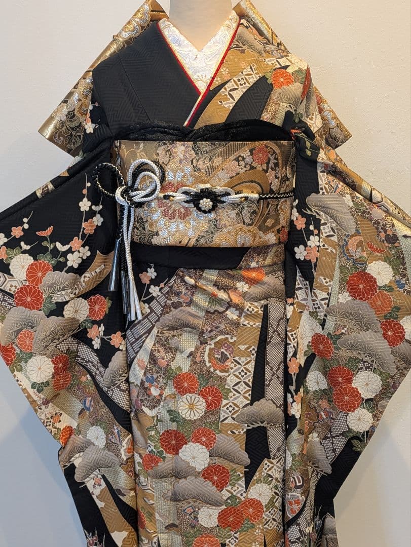 ྈ ྈ様 振袖フルセット 身丈173裄68 ロング丈 黒 古典柄 金彩 成人式