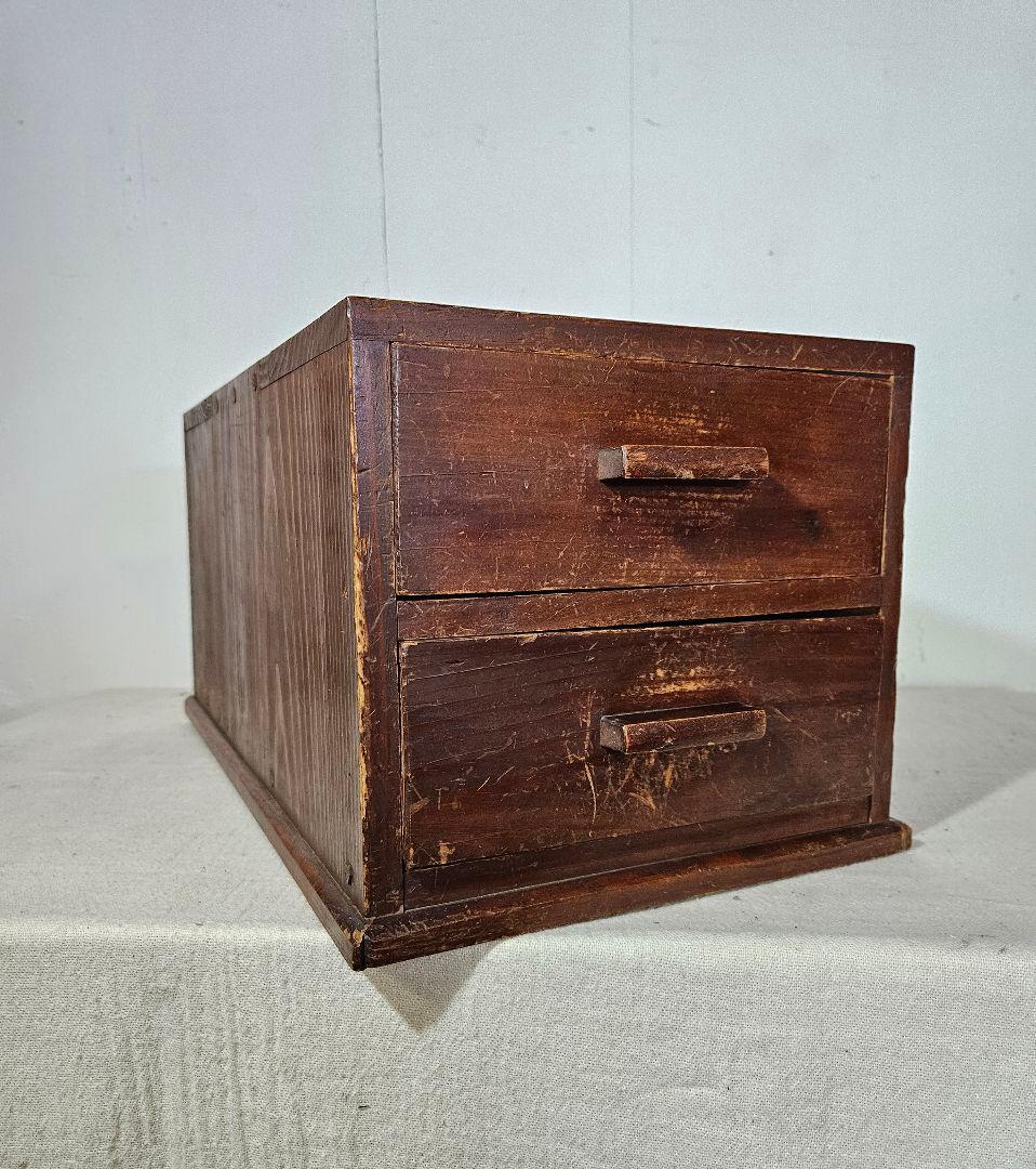 アンティーク 木製の小引出し 隠しスペース 二段 抽斗 キャビネット