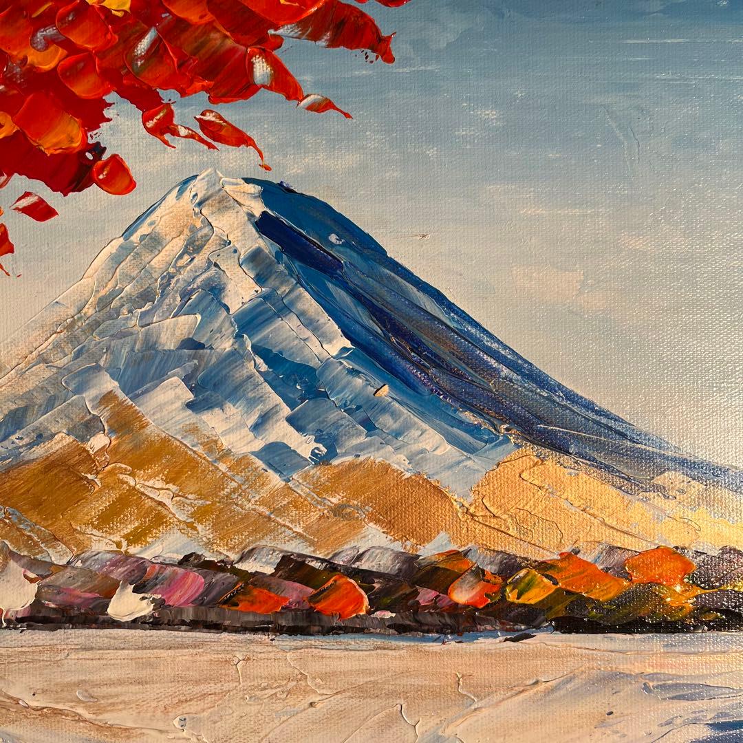 手書き油絵 色づく湖と山 額付き 肉筆絵画 インテリア 油彩画