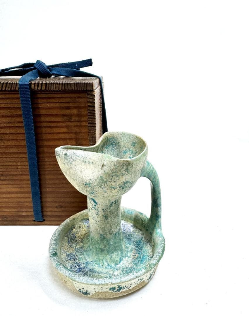 古代イラン・ペルシャ古陶 青釉銀化灯火器 箱付 古美術 古玩 骨董WWTT231