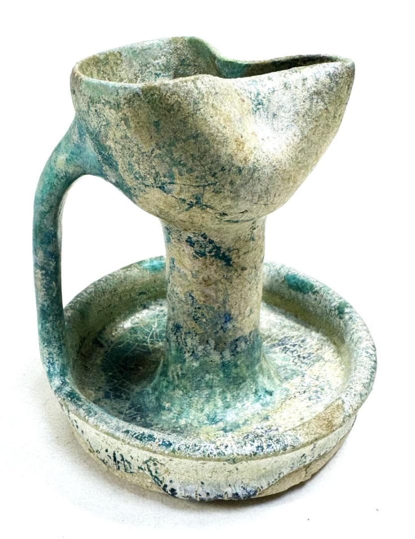 古代イラン・ペルシャ古陶 青釉銀化灯火器 箱付 古美術 古玩 骨董WWTT231