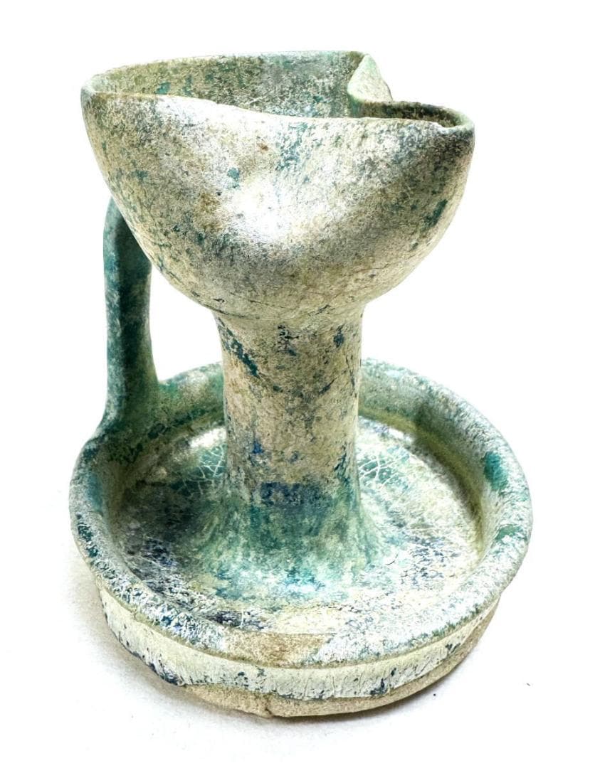 古代イラン・ペルシャ古陶 青釉銀化灯火器 箱付 古美術 古玩 骨董WWTT231